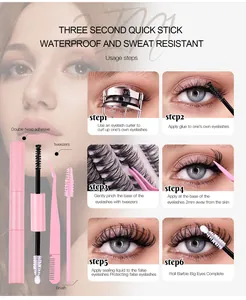 Lash extension glue kit with dual-tip bond, sealer, pink tweezers, and usage tutorial