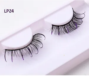Detail of LP24 eyelashes with black and purple fibers and D curl on white tray