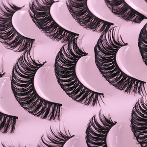 20 pairs of dense D-curl Russian strip lashes with thick natural fiber on pink background