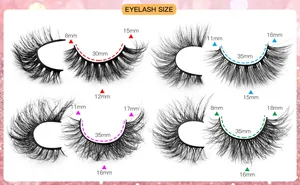 Size guide for dense faux mink eyelashes showing length variations from 8mm up to 18mm