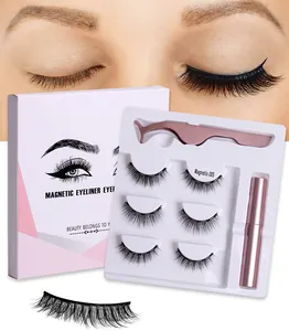 Detail of magnetic eyelash kit with liquid eyeliner, applicator, and 3 pairs of lashes