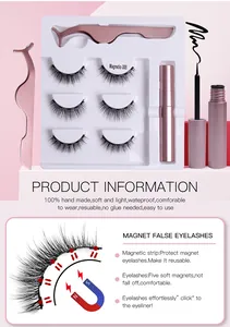 Detail view of 3 pairs magnetic eyelashes kit with rose gold applicator and liquid eyeliner