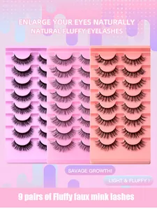 Détail de 9 paires de faux cils en vison épais sur des plateaux roses étagés