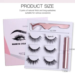 Detailed magnetic eyelash kit showing 3 pairs of lashes, liquid liner, and tweezers