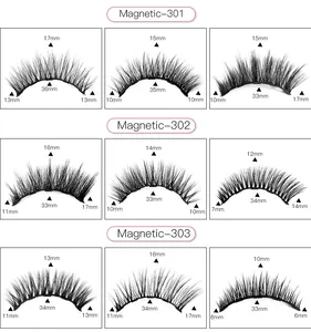 Detailed length measurements and styles for magnetic eyelashes in 301, 302, 303 models