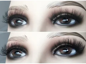 Nahaufnahme von 3D-geschichteten, voluminösen falschen Wimpern mit Schwung-Effekt