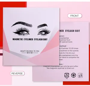 Detailed front and back view of magnetic eyelashes kit with eyeliner and tool in pink box