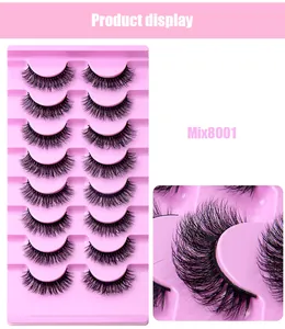 Détail de 7 paires de faux cils en vison épais et bouclés Mix8001 sur base rose