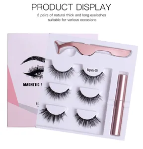 Detail set of 3 pairs magnetic eyelashes with pink applicator and liquid eyeliner kit