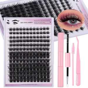 DIY eyelash extension kit with 168 clusters of natural wispy lashes and pink tools