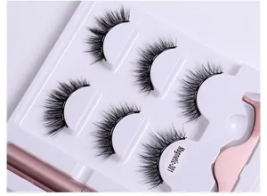 Detailed view of Magnetic-301 kit with 5 pairs of thick lashes, tweezers and eyeliner