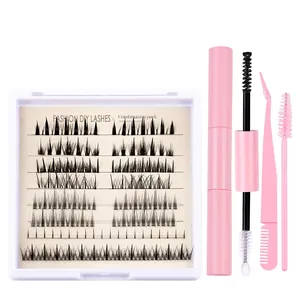 Kit extension ciglia fai-da-te con ciuffi neri, pinzetta rosa e colla per ciglia
