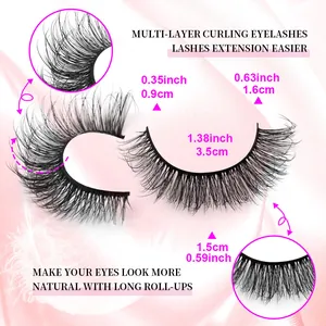 Dramatic wispy 3D false eyelashes with size dimensions 0.9cm to 1.6cm on pink silk