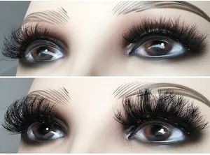 Vergleich von natürlichen und voluminösen 3D-Nerzimitat-Wimpern an einem Modell-Gesicht