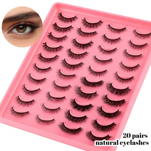 Set of 20 pairs of dense criss-cross faux mink eyelashes on pink display tray