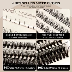 DIY cluster eyelash extension set with 30D 40D fishtail and lower lashes in 6-16mm