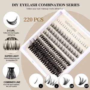 DIY eyelash extension kit with 220 clusters of D-curl black synthetic lashes