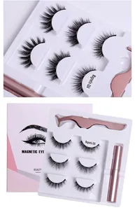 Close-up of magnetic eyelashes with eyeliner and tweezer set in pink packaging