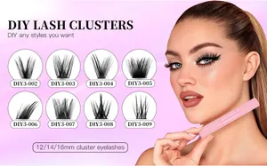 Macro detail of DIY lash extensions set in 12-16mm lengths with professional pink tool