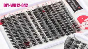 Macro view of individual false eyelash clusters on white tray with product details
