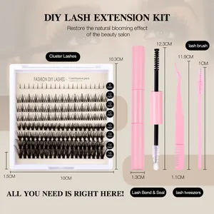 Professional DIY eyelash extension kit with lashes, pink bond and seal, tweezers and brush