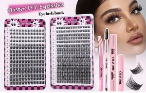 DIY cluster eyelash extension kit with applicator tool and bond seal adhesive in pink
