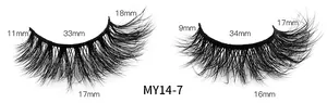 Makro-Detail von 3D-Lagen-Wimpern mit Größentabelle von 9 mm bis 18 mm