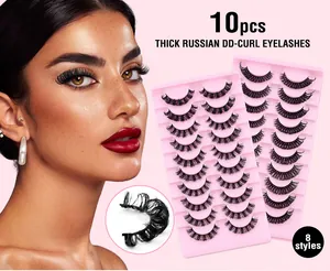 Detailed view of 10 pairs of thick Russian DD-curl false eyelashes in a pink tray