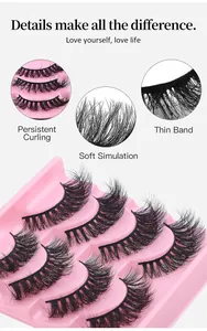Macro detail of dense curly false eyelashes with thin bands and pink tray packaging