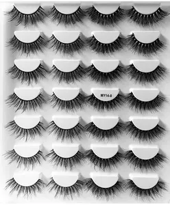 Detailsicht von 14 Paaren flauschiger 3D-Wimpern auf weißem Tray, Modell MY14-8