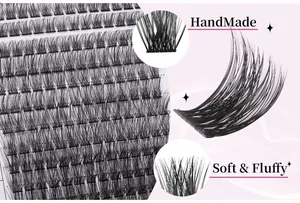 Macro detail of handmade soft and fluffy D-curl individual cluster lash extensions