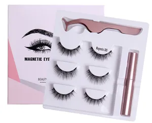 Detailed set of 3 pairs of magnetic eyelashes with eyeliner and rose gold tweezers