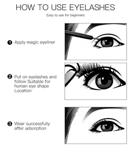 Three-step instruction guide for applying magnetic eyeliner and false eyelashes kit
