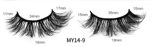 Detaillierte Makroansicht mehrlagiger 3D-Wimpern mit Längenmaßen von 11 mm bis 19 mm