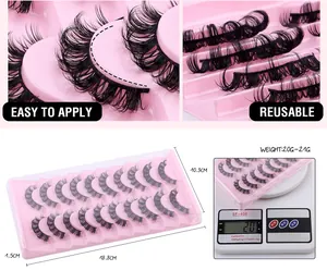 Detailed view of 10 pairs of 3D curly eyelashes with weight and dimension measurements