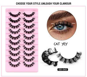 Detailed view of 10 pairs D-curl thick cat-eye false eyelashes with 10-16mm length specs