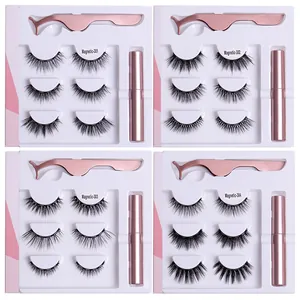 Magnetic eyelash kit with 3 pairs of dense synthetic lashes, eyeliner, and pink tweezers