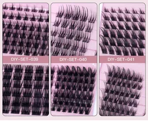 Detailed close-up of natural DIY cluster eyelashes in three various curly styles