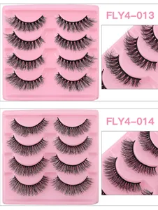 Detail view of 4 pairs of dense synthetic false eyelashes in pink trays, style FLY4-013/014