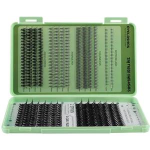 DIY cluster lashes set with 5mm to 16mm segments in a pale green transparent box
