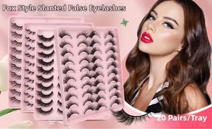 Detail of 20 pairs fox-eye false eyelashes set with dramatic wispy cat-eye effect
