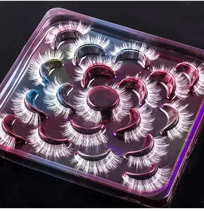 Close-up of 10 pairs of white synthetic false eyelashes on an iridescent purple tray