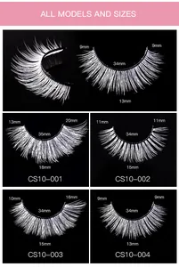 Size chart showing width and length specifications for four styles of white fake eyelashes