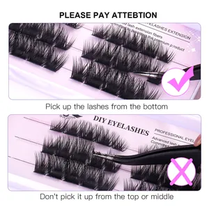 DIY cluster lash extension kit with black synthetic fibers and application tweezers guide