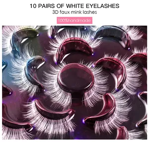 Macro shot of 10 pairs of 100% handmade 3D faux mink white false eyelashes on purple disc