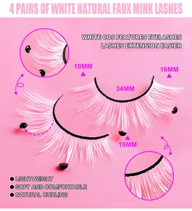 Macro detail of 4 pairs of white faux mink lashes with pearls for cosplay makeup