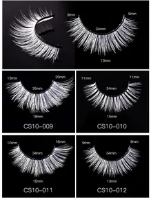 Detailed size chart for white costume false eyelashes showing lengths from 9mm to 20mm