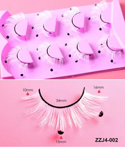 Detailed size chart for white artistic false eyelashes showing 10mm to 16mm lengths