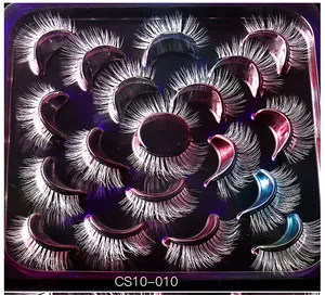 Close-up of 10 pairs white synthetic false eyelashes in CS10-010 black tray