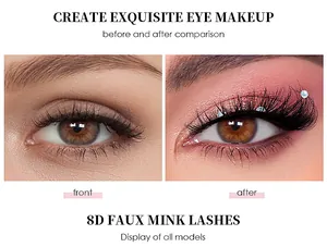 Before and after comparison showing voluminous 8D faux mink lashes for a dramatic cat-eye look